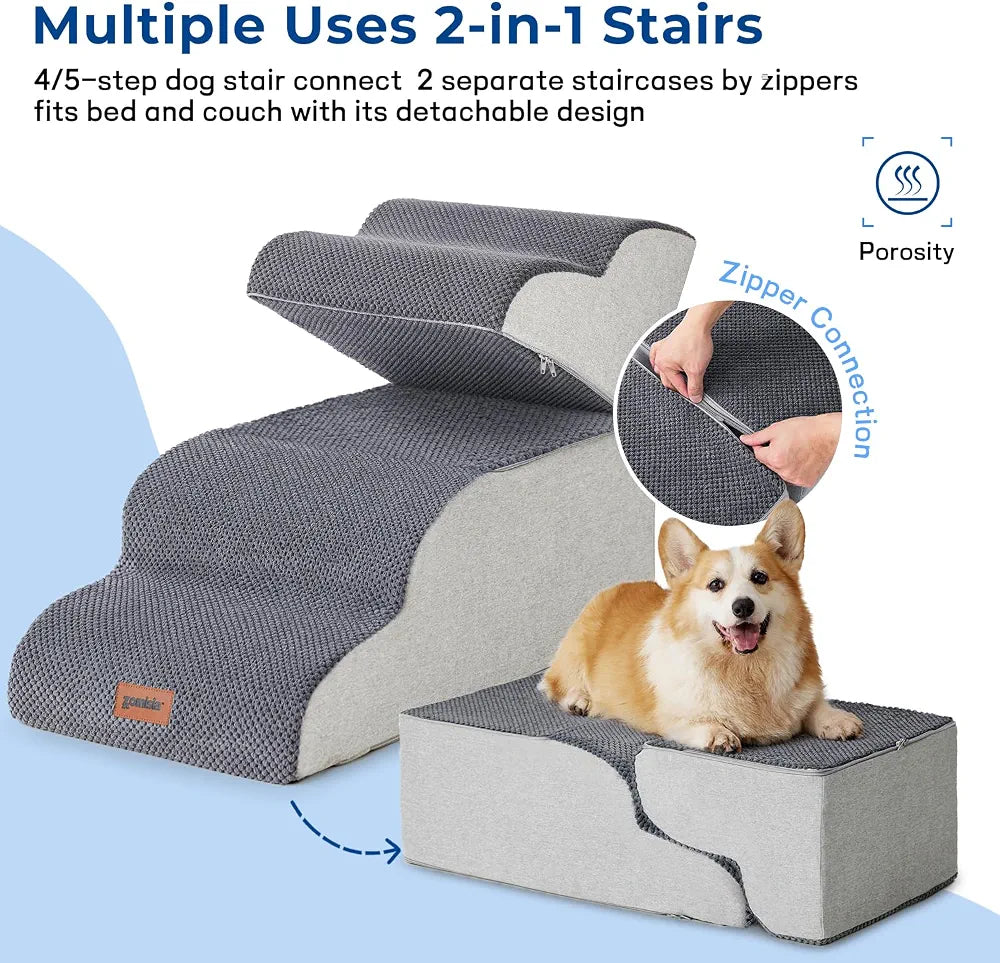 ZOMISIA Dog Stairs Ramp for High Beds Up to 25", 5 Step Pet Stairs Grey